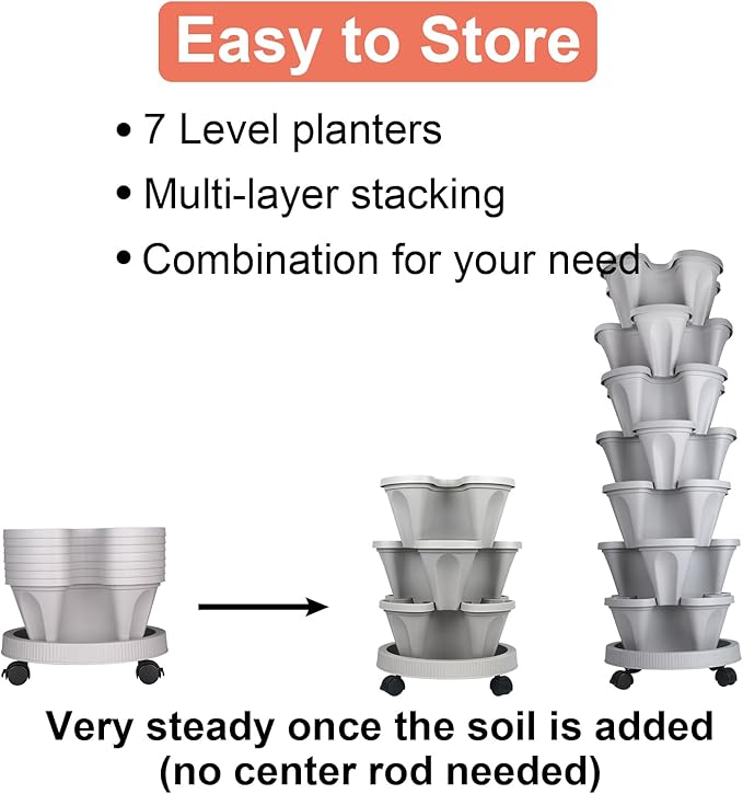 DUNCHATY Stackable Planter with Removable Wheels and Tools, Garden Planting Tower Planters, Indoor Outdoor Gardening Pots - 7 Tier Vertical Garden Planter