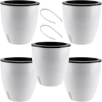 5 Pack 7 Inch Self Watering Plant Pots, White Plastic Self Watering Flower Pots with Visual Water Level Window, Self Watering Planter for Indoor Plants, Herb, African Violet, Succulent