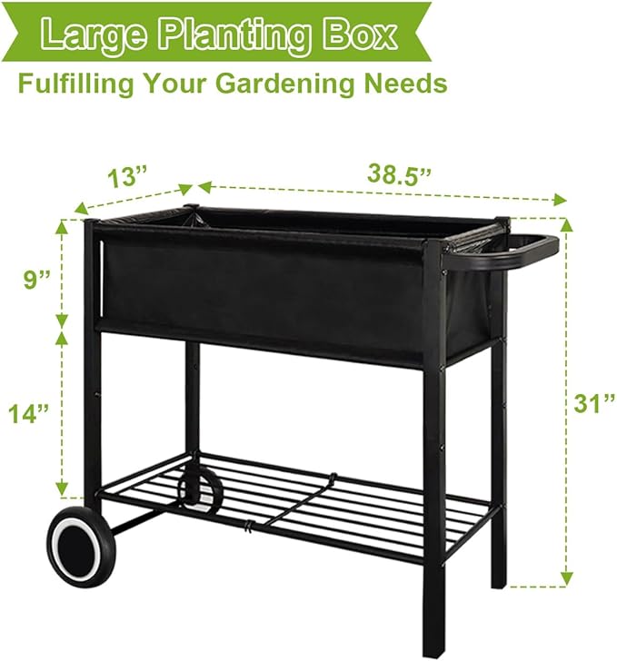 Raised Garden Bed with Legs for Outdoor Plants, Standing Elevated Planter Box Cart on Wheels for Vegetables Flower Herb Patio, Black
