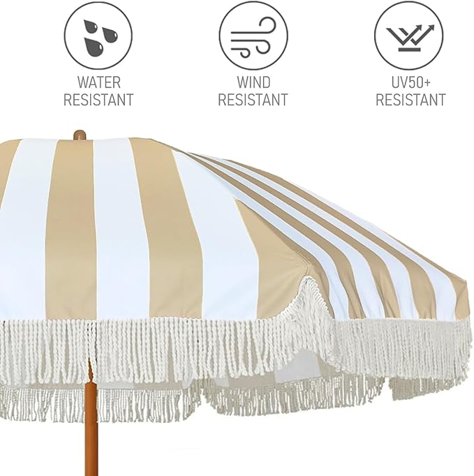 AMMSUN 7ft Patio Umbrella with Fringe Outdoor Tassel Umbrella UPF50+ Premium Steel Pole and Ribs Push Button Tilt, Stripe Beige