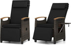RELAX4LIFE Rattan Outdoor Recliner Chair - Wicker Chaise Lounge Chair w/Adjustable Back & Footrest, Acacia Wood Armrests, Flip Side Table, Cushion, Reclining Patio Chair for Pool Yard (2, Black)