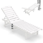 SERWALL Outdoor Chaise Lounge Chair, Pool Lounge Chair with 5 Positions Adjustable Backrest, HDPE Lounger with Rolling Wheels & Cup Holder for Poolside, Beach, Garden, White