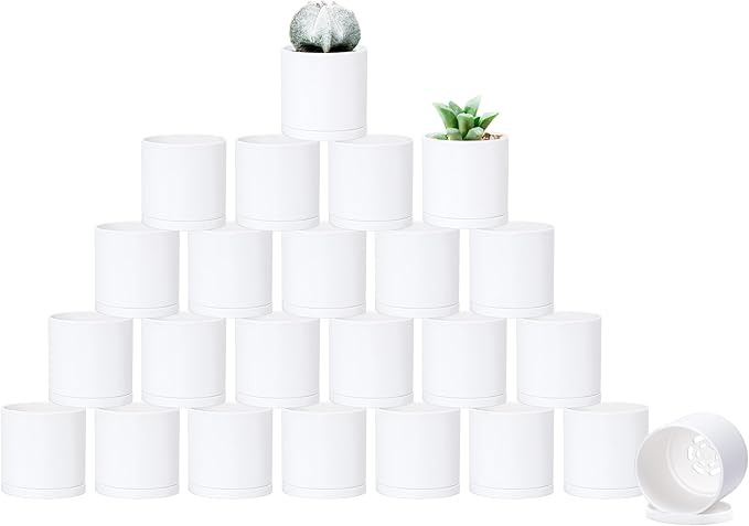 Planter Pots 24 Pack, 2 Inch Matte White Plastic with Saucers
