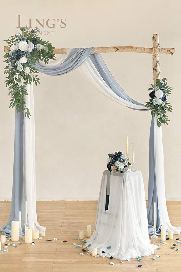 Artificial Flowers Wedding Arch Kit with Dusty Blue Drape, 4 Piece Set