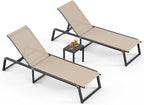 Aluminum Patio Chaise Lounge Set of 2 with 1 Side Table, Foldable Outdoor Pool Lounge Chairs 5-Position Recliner for Outside Poolside, Fully Grounded Legs Sun Lounger for Beach, Yard, Khaki