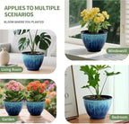 Flower Pots, 8 Inch Plastic Plant Pots for Plants, Set of 4 Planter for Indoor Outdoor Plants with Drainage Hole, Sleek Small Nursery Planting Pot for Home Garden Outdoor Planters(Blue Glaze)