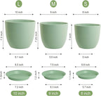 Medium Plant Pots 10/9/8 inch, Flower Pots for Indoor Outdoor Plants, Set of 3 Modern Decorative Plastic Planters with Drainage Holes and Saucers for House Porch Garden Plants, Green