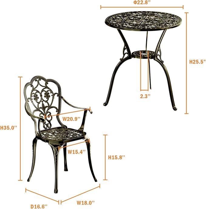 Bistro Set for 2 with Round Table, Cast Aluminum, Golden Bronze
