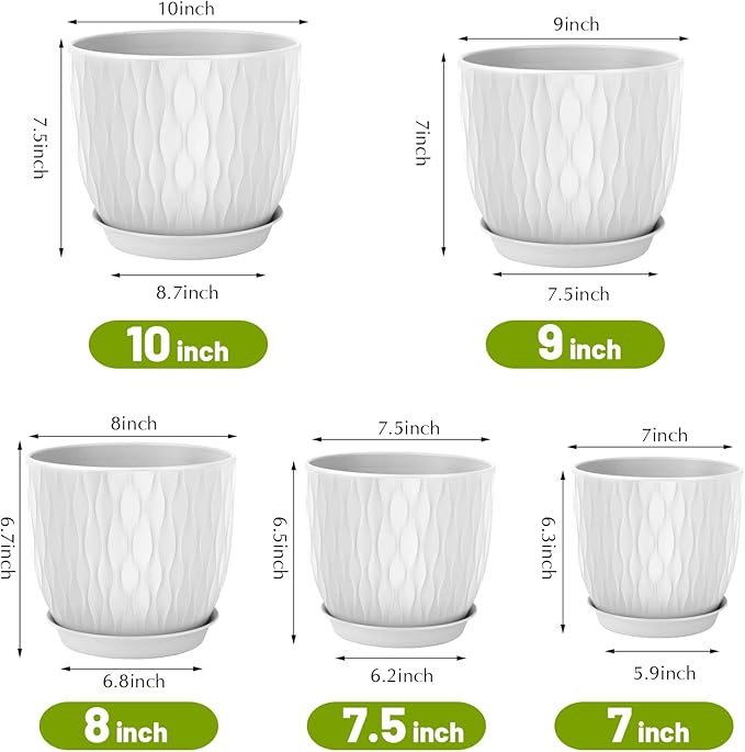 Plastic Plant Pots 10/9/8/7.5/7 inch Set of 5, Flower Planters with Drainage Holes and Saucers, Plastic Pots for Indoor Outdoor Plants, Livingroom Garden Decor (White)