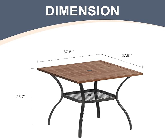 Dining Table for 4, Square Metal Patio Table with Umbrella Hole, Walnut
