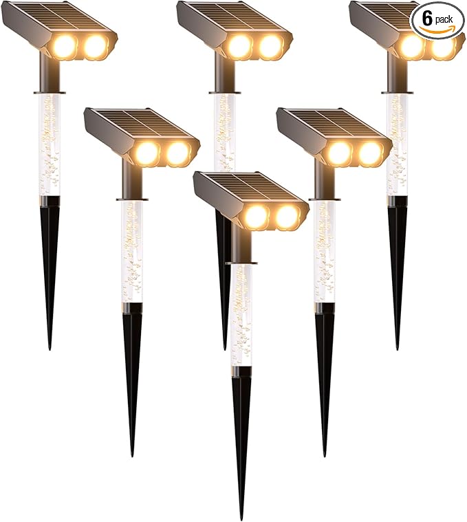 Solar Spotlights Outdoor Waterproof- 2 IN 1 Solar Spot Lights Outdoor with 2 Lighting Modes & PC Light Guide Column for Garden Yard Pathway | Warm Yellow 3000k Spotlights | IP65 Waterproof | 6 Pack