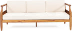 Christopher Knight Home Aston Outdoor 3 Seater Sofa, Upholstered Cushion Couch, Acacia Wood Bench Sofa, Slat Armchair, 73.25" W Spacious Seating Bench Couch for Gardern Porch Balcony, Teak+Beige