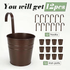 HowRU Hanging Flower Pots, Railing Planter Box for Outdoor Plants 12 Pack 5 Inch Metal Hanging Planters with Detachable Hooks Balcony Window Fence Garden Decoration Flower Boxes(Bronze(5in))