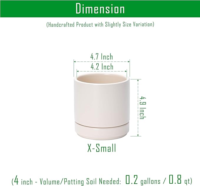 Planters Set of 4 Small Round Ceramic Pots in Oatmeal with Saucers