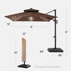 Best Choice Products 9x12ft LED Cantilever Patio Umbrella w/Base Included & 360° Rotation, Large Solar Offset Hanging Outdoor Sun Shade for Deck, Backyard Table w/Stand & Lights – Brown