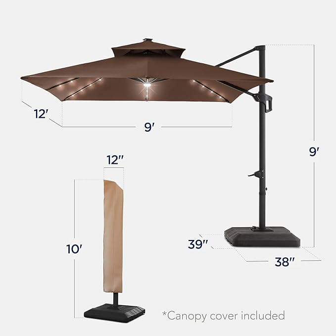 Best Choice Products 9x12ft LED Cantilever Patio Umbrella w/Base Included & 360° Rotation, Large Solar Offset Hanging Outdoor Sun Shade for Deck, Backyard Table w/Stand & Lights – Brown
