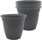 The HC Companies 6 Inch Eclipse Round Planter Pots with Drainage Holes & Attached Saucer, Lightweight UV-Resistant Plastic Indoor Outdoor Planters, 4-Pack Flower Pots for Garden Home Decor, Warm Gray