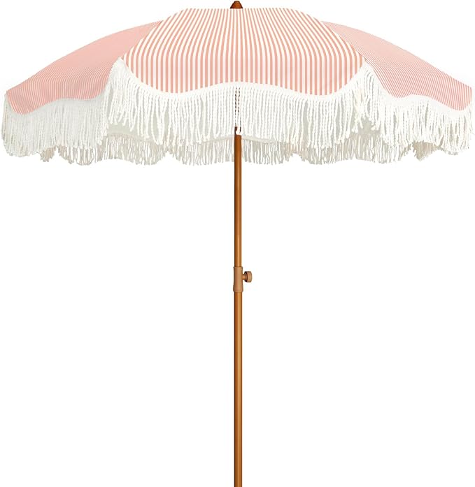 AMMSUN Boho Fringe Umbrella Outdoor Patio, 6.5ft UPF50+ Picnic Umbrella with Tassels with Steel Pole and Push Button Tilt, Pink Stripe