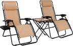 Amazon Basics Outdoor Textilene Adjustable Zero Gravity Folding Reclining Lounge Chair Set with Cup Holder, Side Table, Headrest, Weather-Resistant, 35 x 26 x 43 inches, Beige, 2-Pack