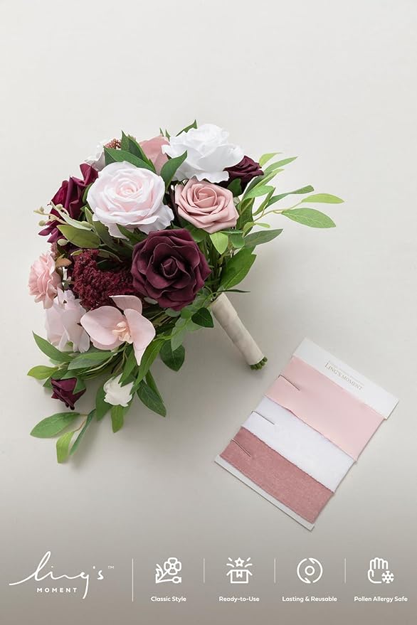 Artificial Flowers Bridal Bouquet, Marsala and Blush Silk Roses, 13 in Wide
