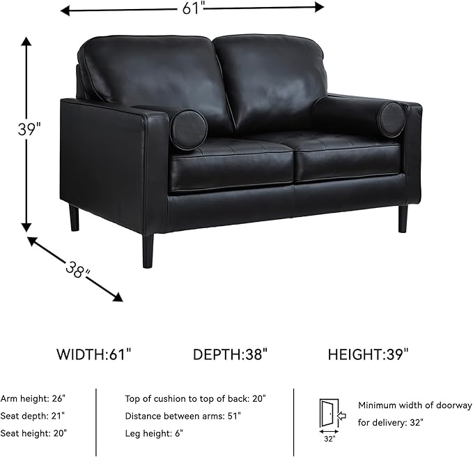 Signature Design by Ashley Bryceview Mid-Century Leather Match Tufted Loveseat with 2 Bolster Pillows, Black