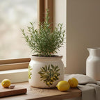 Mediterranean Ceramic Plant Pots with Olives Branches Pattern, 6 Inch Tuscan Planter for Indoor Plants, Rustic Farmhouse Home Kitchen Decor, Tuscan Vase for Centerpiece, Olive Green