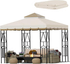 10x10 Canopy Replacement Top Double Tiered Gazebo Cover for Yard, Patio & Garden Durable Sunshade Replacement (BeigeBrown with lace)