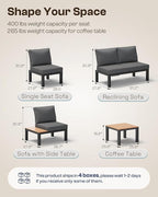 Aluminum Modular Outdoor Patio Furniture Set, 6 Seats Patio Sectional Sofa Set with Adjustable Backrest & Thick Cushions, All-Weather Conversation Sets with Table for Garden & Yard, Graphite
