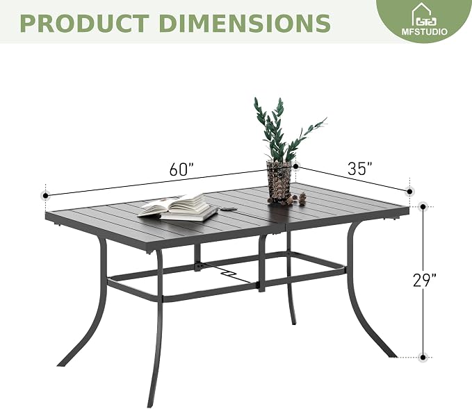 Dining Table for 6, Black Rectangle Metal Patio Table with Umbrella Hole