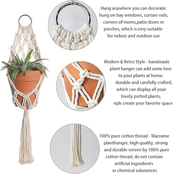 Artilady Boho Macrame Plant Hangers - Handmade Hemp Rope Hanging Baskets for Indoor Plants with Ceiling Hooks, Bohemian Home Decor Outdoor Wall Art (White Hanger-2pcs)