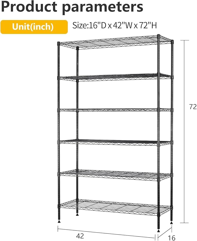 BestOffice | 6-Tier Wire Storage Shelves | 42x16x72 | Black | with Adjustable Racks | Heavy-Duty Metal Shelf, Holds Upto 1500 lbs | No-Tool Assembly | Ideal for Home & Garage Shelving