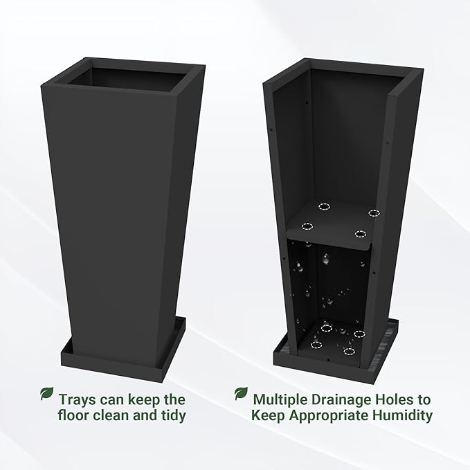 Tall Outdoor Planters Set of 2, 26 inch Tall Planters for Outdoor and Indoor, Metal Tapered Pots with Drainage Holes & Insert Shelves & Trays for Porch, Garden, Patio, Yard