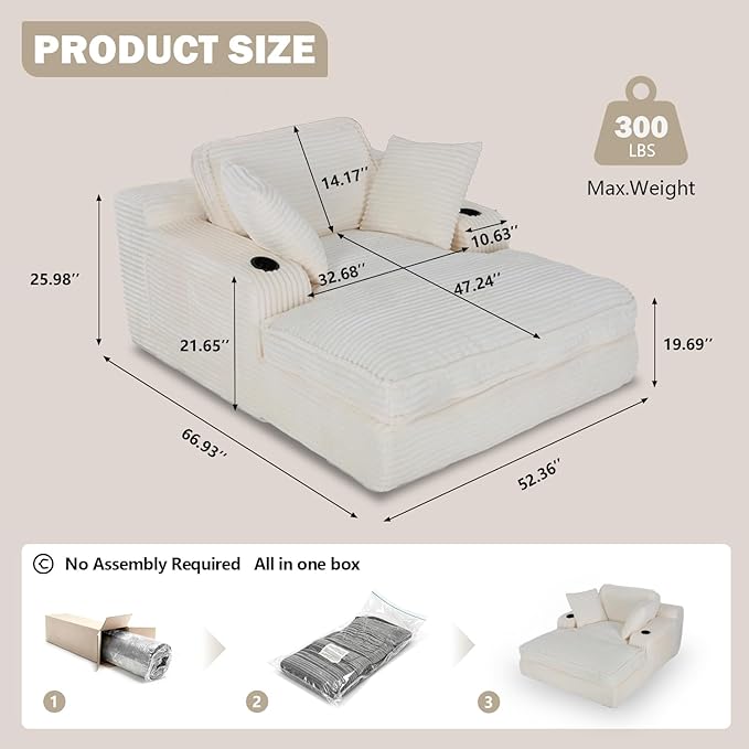 67" Oversized Chaise Lounge Chair Indoor, Soft Boneless Cloud Couch with 3 Pillows, 4 Side Pockets and 2 Cup Holders, Comfy Corduroy Sleeper Couch for Living Room Bedroom