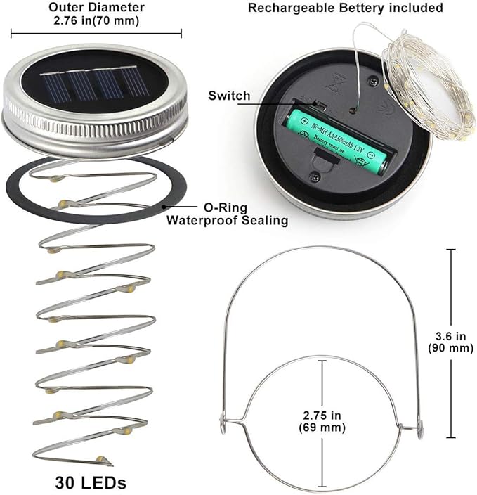 String Lights 8 Pack Solar Mason Jar Lid Lights with 30 LEDs