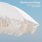AMMSUN Boho Fringe Umbrella Outdoor Patio, 6.5ft UPF50+ Picnic Umbrella with Tassels with Steel Pole and Push Button Tilt, Antique White