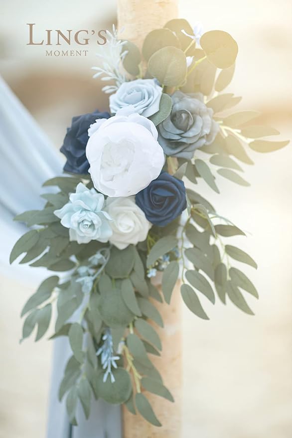 Artificial Flowers Wedding Arch Kit with Dusty Blue Drape, 4 Piece Set