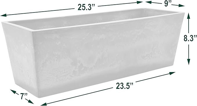 Arcadia Garden Products U65TP Plastic/Stone/Wood Composite Simplicity Window Box, No Drainage Hole (Drillable), Wide Tapered Planter, Patio Plant Container, Indoor Outdoor Planter, 25.5" x 9, Taupe