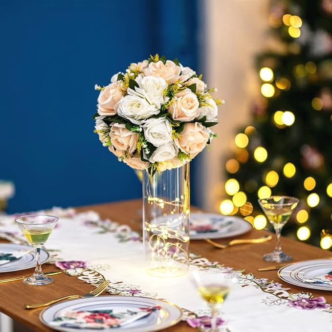 Artificial Flower Balls, 10 Pcs Champagne & White Silk Rose Centerpieces