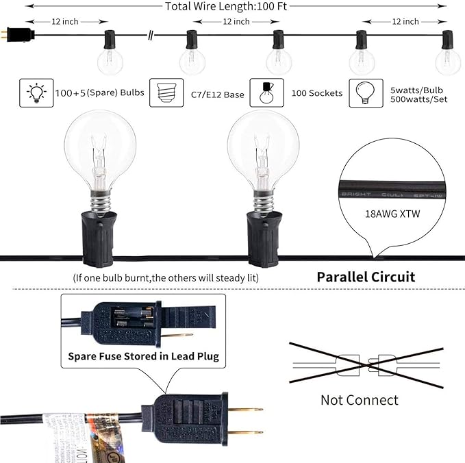 String Lights, 100 Ft Waterproof Outdoor with 105 Clear G40 Bulbs