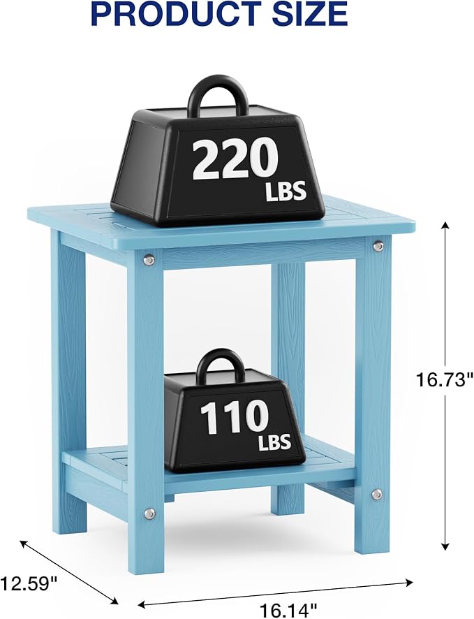 Side Tables Set of 2 - 16-Inch Square HIPS Outdoor End Tables in Blue