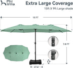 PHI VILLA 15ft Large Patio Umbrellas with Base, Outdoor Double-Sided Rectangle Market Umbrella for Pool Lawn Garden, Mint Green