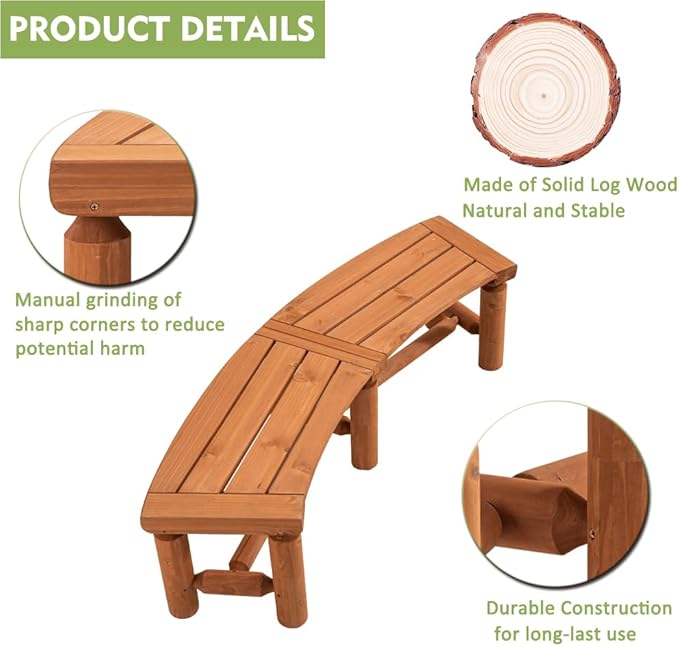 Outdoor Wooden Curved Backless Porch Bench Rustic Style Cedar/Fir Wood Log Fire Pit Bench for Patio Garden Deck and Backyard, 40"-54.7" W×13" D×16.5" H, Brown