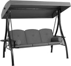 HOMREST 3 Seat Outdoor Porch Swing with 1.5" Deepened Cup Holder, Adjustable Canopy, Patio Swing Bed with Stand, Patio Glider Swing with Thicken Cushions, Pillow for Yard, Garden(Grey)