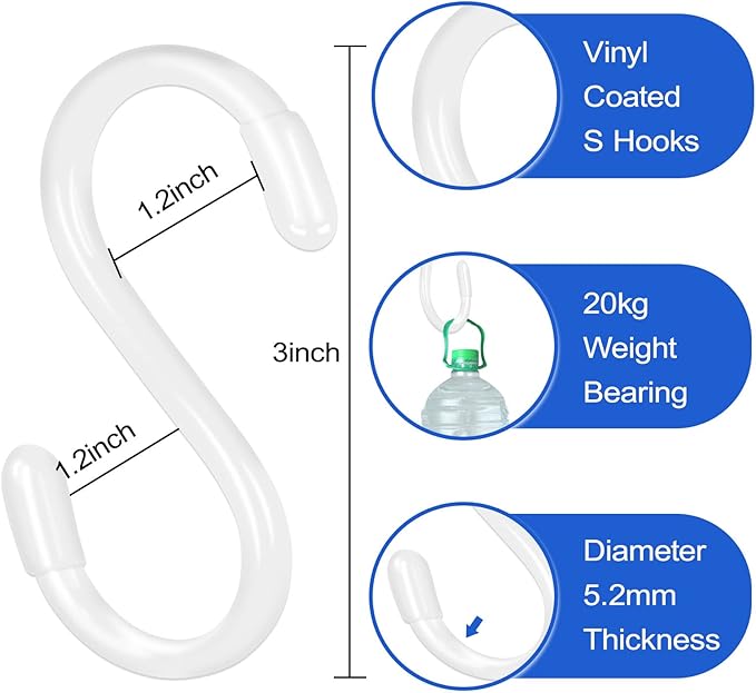 20 Pack Vinyl Coated S Hooks for Hanging,Heavy Duty S Hook for Hanging Plants,Non Slip 3 Inch Closet S Hooks,Steel Metal White Vinyl Coated Small Hook for Jeans Pots and Pans Coffee Cups