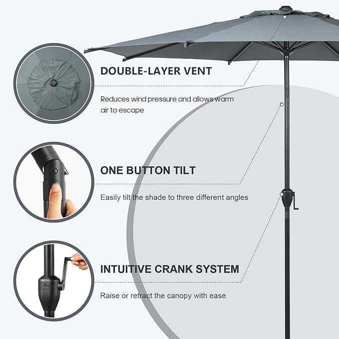Abba Patio 9FT Lyon Outdoor Patio Umbrella Outdoor Table Umbrella with Push Button Tilt and Crank Market Umbrella 8 Sturdy Ribs UV Protection Waterproof for Garden Deck Backyard Pool Grey
