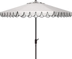 SAFAVIEH 9ft Outdoor Patio Umbrella, Round, Valance, Ivory & Navy Trim, Auto Crank Tilt, UV Resistant for Deck, Backyard, Poolside (PAT8006F)