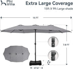 PHI VILLA 15ft Large Patio Umbrellas with Base, Outdoor Double-Sided Rectangle Market Umbrella for Pool Lawn Garden, Light Gray