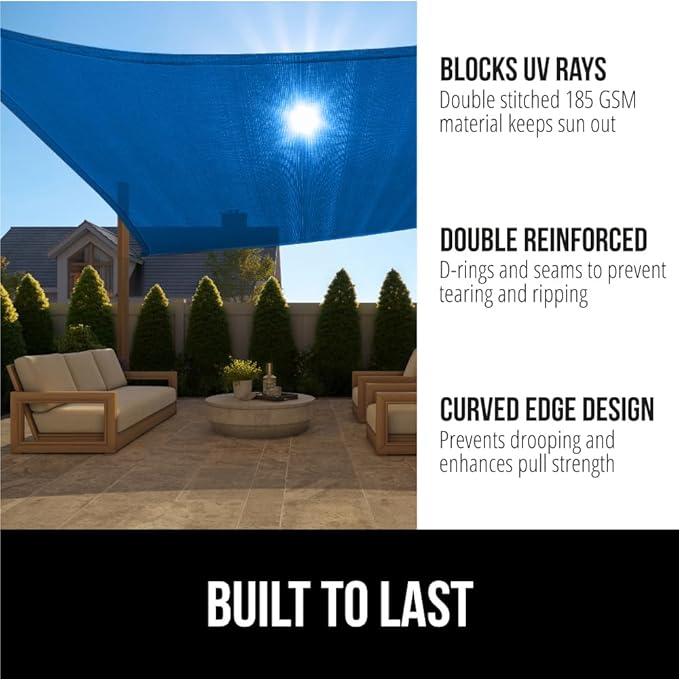 GORILLA GRIP Heavy Duty Sun Shade, UV Protection Fade Tear and Rust Resistant Rectangle Sunshade Canopy, Curved Edges Blocks Sunlight, Breathable Sail, Outdoor Patio, Lawn Garden, 6x10 FT Blue