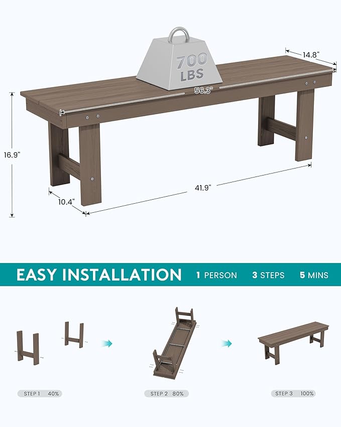 SERWALL 2-Person Outdoor Bench Backless, HDPE Outdoor Benches Weatherproof, 700 Lbs Weight Capacity, Poly Lumber Patio Furniture for Garden, Porch and Park, Coffee, 2 Pack