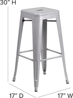 Bar Stool 30 Inch Silver Metal Backless Indoor Outdoor Square Seat